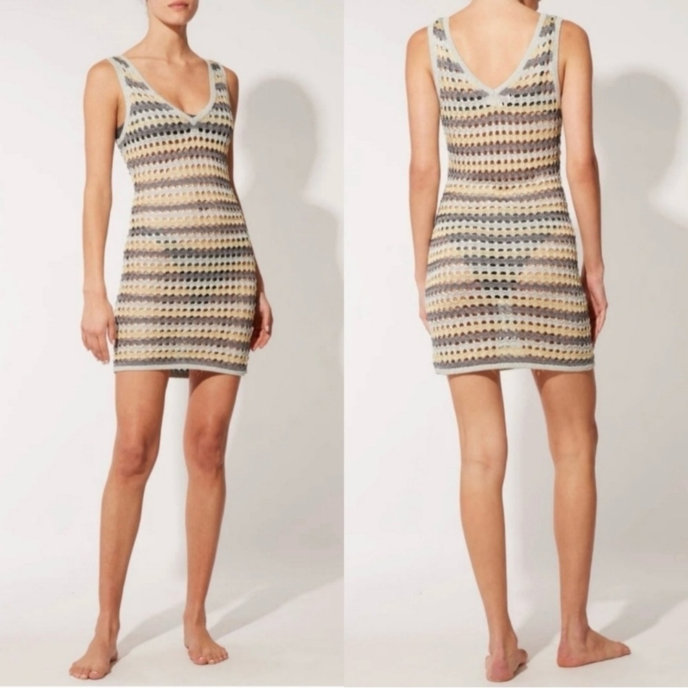 Solid & Striped Lalo Metallic Crochet Knit Mini Dress Silver Gold Size M NWT - Picture 3 of 9